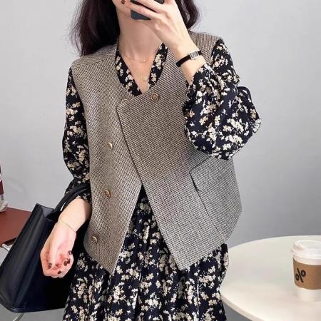 FA51901# 小香风粗花呢无袖口袋马甲外套女秋季新款名媛风显瘦坎肩背心 服裝批發女裝批發服飾貨源