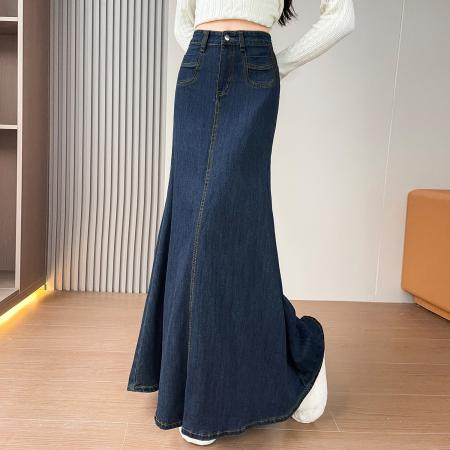 FA51904# 复古牛仔半身裙女秋冬高腰显瘦a字包臀鱼尾大摆裙百搭长裙 服裝批發女裝批發服飾貨源