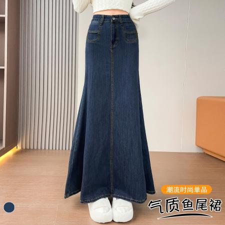 FA51904# 复古牛仔半身裙女秋冬高腰显瘦a字包臀鱼尾大摆裙百搭长裙 服裝批發女裝批發服飾貨源