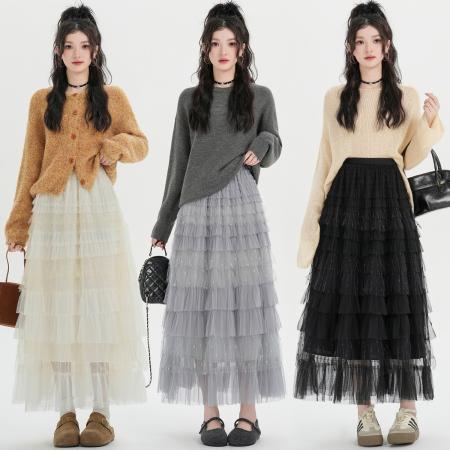 FA51905# 韩系甜美重工多层纱裙时尚蛋糕裙设计感高腰显瘦仙女长裙 服裝批發女裝批發服飾貨源