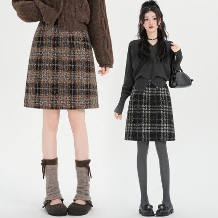 FA51906# 氛围感冬季高腰复古格纹圈圈呢半身裙时尚百搭显瘦A字中裙 服裝批發女裝批發服飾貨源