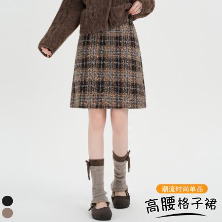 FA51906# 氛围感冬季高腰复古格纹圈圈呢半身裙时尚百搭显瘦A字中裙 服裝批發女裝批發服飾貨源