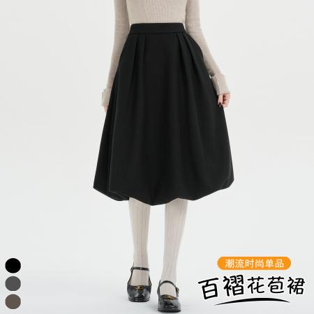 FA51907# 蓬蓬毛呢花苞半身裙女秋冬新款高腰百褶A字裙中裙 服裝批發女裝批發服飾貨源