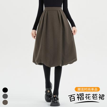 FA51907# 蓬蓬毛呢花苞半身裙女秋冬新款高腰百褶A字裙中裙 服裝批發女裝批發服飾貨源
