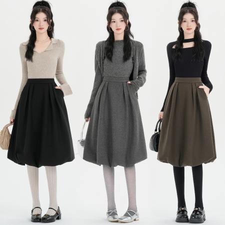 FA51907# 蓬蓬毛呢花苞半身裙女秋冬新款高腰百褶A字裙中裙 服裝批發女裝批發服飾貨源
