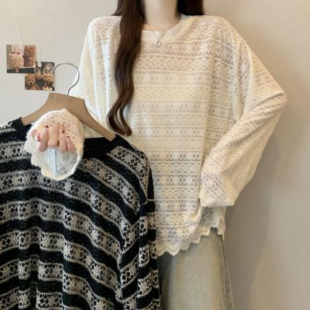 FA51908# 大码新款撞色条纹蕾丝镂空打底衫百搭显瘦长袖上衣 服裝批發女裝批發服飾貨源