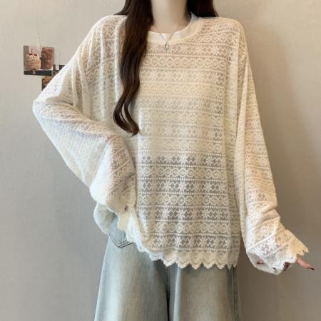 FA51908# 大码新款撞色条纹蕾丝镂空打底衫百搭显瘦长袖上衣 服裝批發女裝批發服飾貨源