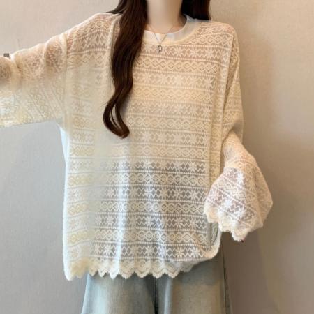 FA51908# 大码新款撞色条纹蕾丝镂空打底衫百搭显瘦长袖上衣 服裝批發女裝批發服飾貨源