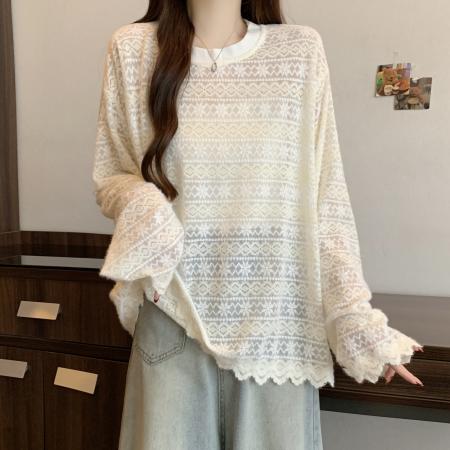 FA51908# 大码新款撞色条纹蕾丝镂空打底衫百搭显瘦长袖上衣 服裝批發女裝批發服飾貨源