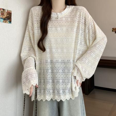 FA51908# 大码新款撞色条纹蕾丝镂空打底衫百搭显瘦长袖上衣 服裝批發女裝批發服飾貨源