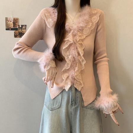 秋冬新款韩系ins洋气蕾丝拼接甜辣风修身V领长袖针织衫女 服裝批發女裝批發服飾貨源