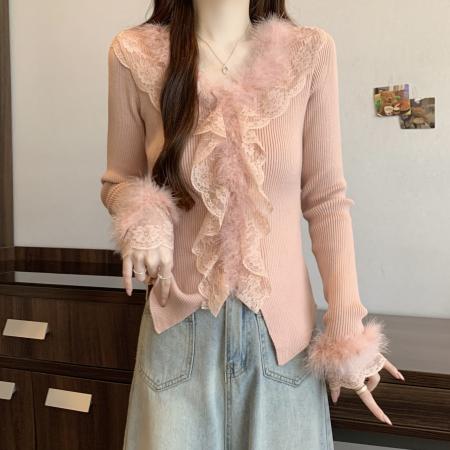 FA51909# 秋冬新款韩系ins洋气蕾丝拼接甜辣风修身V领长袖针织衫女 服裝批發女裝批發服飾貨源
