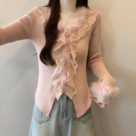 FA51909# 秋冬新款韩系ins洋气蕾丝拼接甜辣风修身V领长袖针织衫女 服裝批發女裝批發服飾貨源