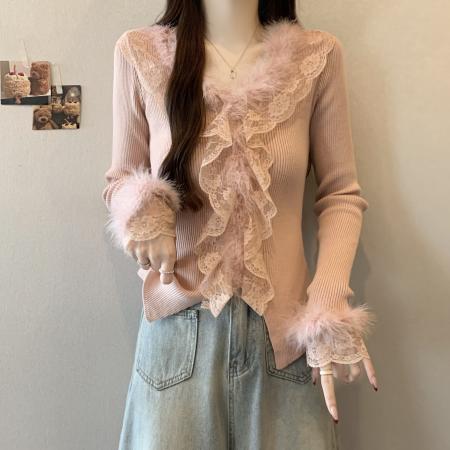 FA51909# 秋冬新款韩系ins洋气蕾丝拼接甜辣风修身V领长袖针织衫女 服裝批發女裝批發服飾貨源