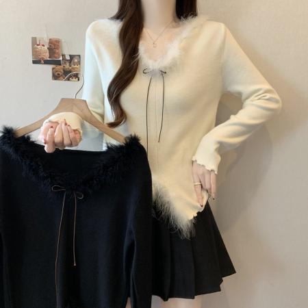 韩系甜美温柔风毛毛领毛衣女秋冬撞色蝴蝶结系带修身打底针织衫 服裝批發女裝批發服飾貨源