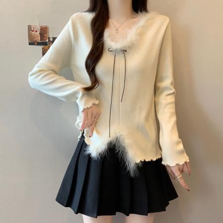 FA51910# 韩系甜美温柔风毛毛领毛衣女秋冬撞色蝴蝶结系带修身打底针织衫 服裝批發女裝批發服飾貨源