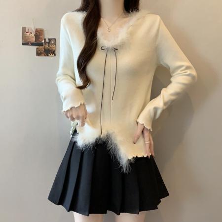 FA51910# 韩系甜美温柔风毛毛领毛衣女秋冬撞色蝴蝶结系带修身打底针织衫 服裝批發女裝批發服飾貨源