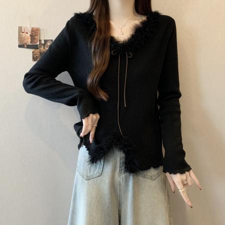 FA51910# 韩系甜美温柔风毛毛领毛衣女秋冬撞色蝴蝶结系带修身打底针织衫 服裝批發女裝批發服飾貨源