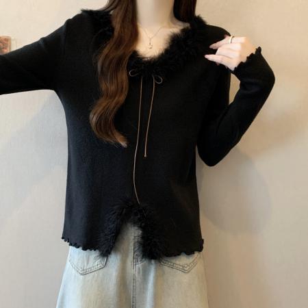 FA51910# 韩系甜美温柔风毛毛领毛衣女秋冬撞色蝴蝶结系带修身打底针织衫 服裝批發女裝批發服飾貨源