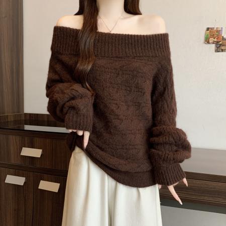 FA51911# 美拉德咖色一字肩毛衣女新款冬季大码胖mm气质独特针织衫上衣 服裝批發女裝批發服飾貨源