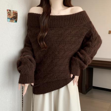 FA51911# 美拉德咖色一字肩毛衣女新款冬季大码胖mm气质独特针织衫上衣 服裝批發女裝批發服飾貨源