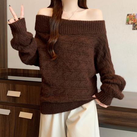 FA51911# 美拉德咖色一字肩毛衣女新款冬季大码胖mm气质独特针织衫上衣 服裝批發女裝批發服飾貨源