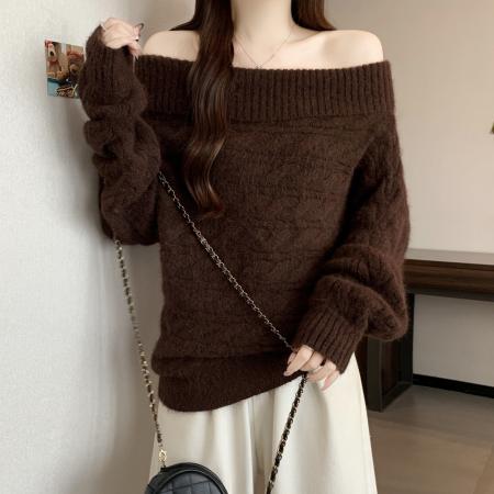 FA51911# 美拉德咖色一字肩毛衣女新款冬季大码胖mm气质独特针织衫上衣 服裝批發女裝批發服飾貨源