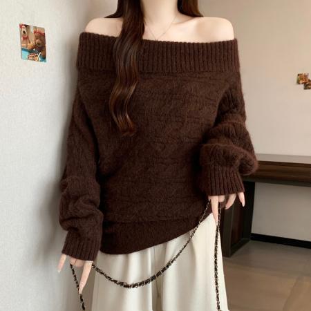 FA51911# 美拉德咖色一字肩毛衣女新款冬季大码胖mm气质独特针织衫上衣 服裝批發女裝批發服飾貨源