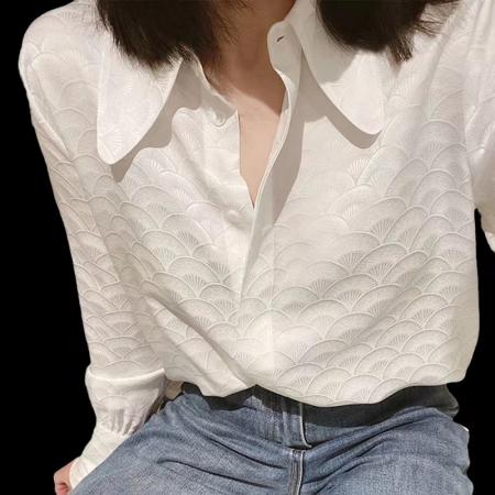 FA51912# 春秋提花鱼鳞纹理尖领长袖衬衫 服裝批發女裝批發服飾貨源