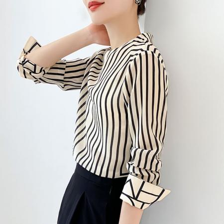 FA51913# 法式高端黑白条纹气质圆领衬衫女设计感春季新款上衣 服裝批發女裝批發服飾貨源