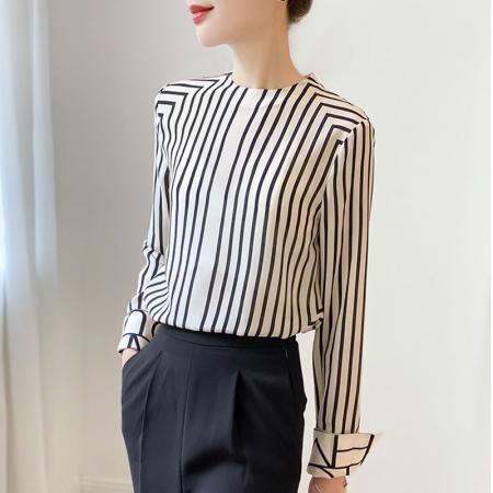 FA51913# 法式高端黑白条纹气质圆领衬衫女设计感春季新款上衣 服裝批發女裝批發服飾貨源