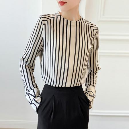 FA51913# 法式高端黑白条纹气质圆领衬衫女设计感春季新款上衣 服裝批發女裝批發服飾貨源