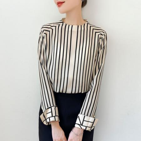 FA51913# 法式高端黑白条纹气质圆领衬衫女设计感春季新款上衣 服裝批發女裝批發服飾貨源