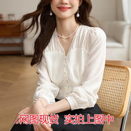 FA51914# 浮雕感新中式提花雪纺衬衫女初春透气白色绝美小衫上衣 服裝批發女裝批發服飾貨源