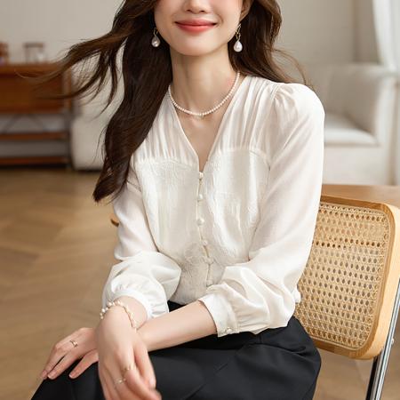 FA51914# 浮雕感新中式提花雪纺衬衫女初春透气白色绝美小衫上衣 服裝批發女裝批發服飾貨源