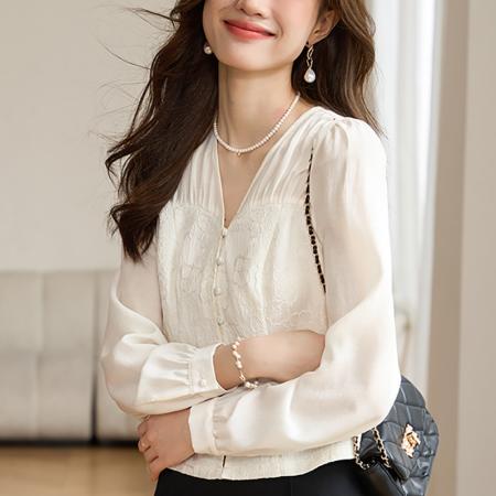 FA51914# 浮雕感新中式提花雪纺衬衫女初春透气白色绝美小衫上衣 服裝批發女裝批發服飾貨源