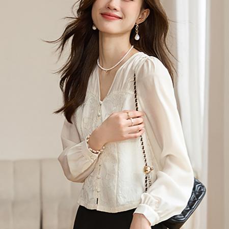 FA51914# 浮雕感新中式提花雪纺衬衫女初春透气白色绝美小衫上衣 服裝批發女裝批發服飾貨源