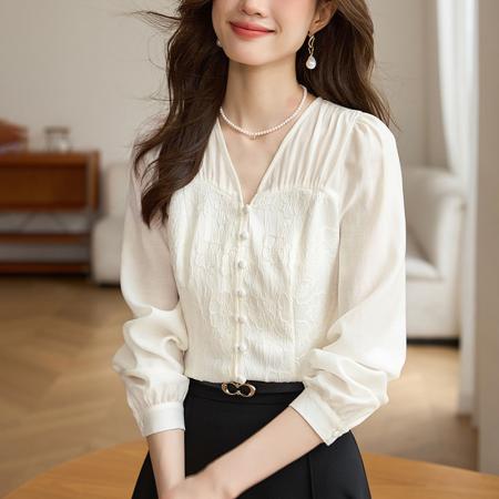 FA51914# 浮雕感新中式提花雪纺衬衫女初春透气白色绝美小衫上衣 服裝批發女裝批發服飾貨源