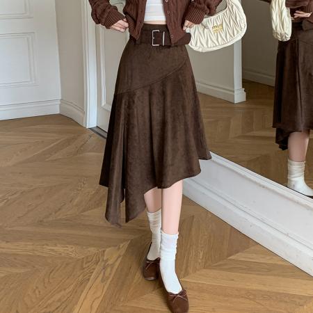 FA51916# 秋冬新款麂皮绒半身裙女老钱风不规则开叉裙摆显瘦中长款半裙 服裝批發女裝批發服飾貨源