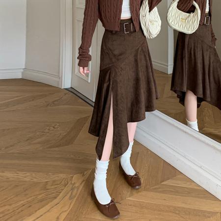 FA51916# 秋冬新款麂皮绒半身裙女老钱风不规则开叉裙摆显瘦中长款半裙 服裝批發女裝批發服飾貨源