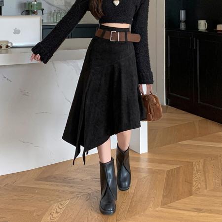 FA51916# 秋冬新款麂皮绒半身裙女老钱风不规则开叉裙摆显瘦中长款半裙 服裝批發女裝批發服飾貨源