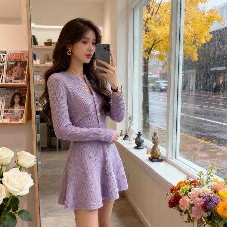 FA51917# 温柔风紫色V领针织连衣裙女秋冬新款设计感收腰A字短裙小个子 服裝批發女裝批發服飾貨源