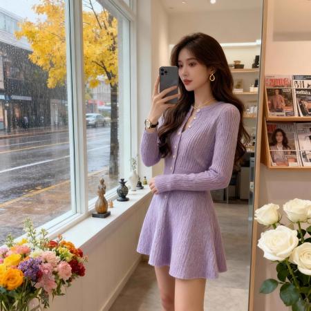 FA51917# 温柔风紫色V领针织连衣裙女秋冬新款设计感收腰A字短裙小个子 服裝批發女裝批發服飾貨源