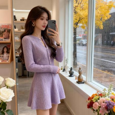 FA51917# 温柔风紫色V领针织连衣裙女秋冬新款设计感收腰A字短裙小个子 服裝批發女裝批發服飾貨源