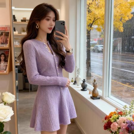 FA51917# 温柔风紫色V领针织连衣裙女秋冬新款设计感收腰A字短裙小个子 服裝批發女裝批發服飾貨源