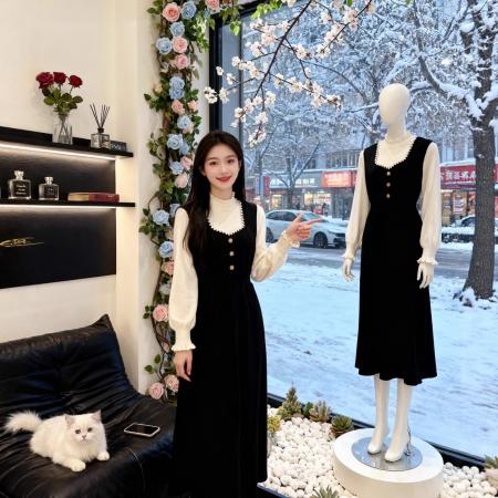 FA51918# 法式复古假两件针织连衣裙女秋冬新款设计感修身显瘦气质长裙 服裝批發女裝批發服飾貨源