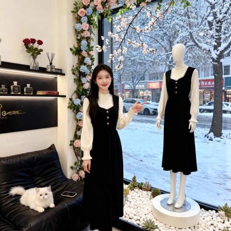 FA51918# 法式复古假两件针织连衣裙女秋冬新款设计感修身显瘦气质长裙 服裝批發女裝批發服飾貨源