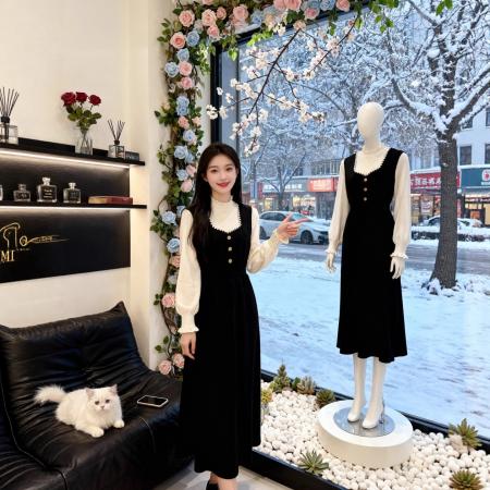 FA51918# 法式复古假两件针织连衣裙女秋冬新款设计感修身显瘦气质长裙 服裝批發女裝批發服飾貨源