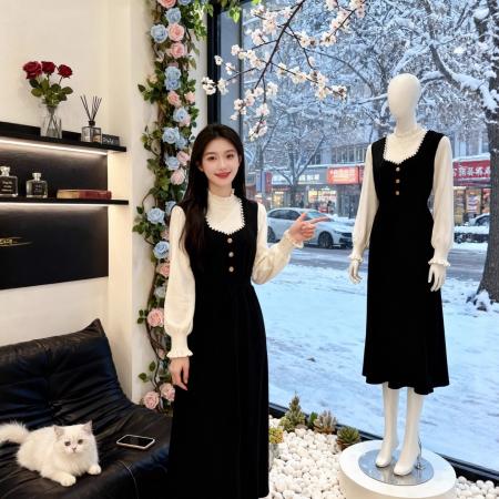 FA51918# 法式复古假两件针织连衣裙女秋冬新款设计感修身显瘦气质长裙 服裝批發女裝批發服飾貨源