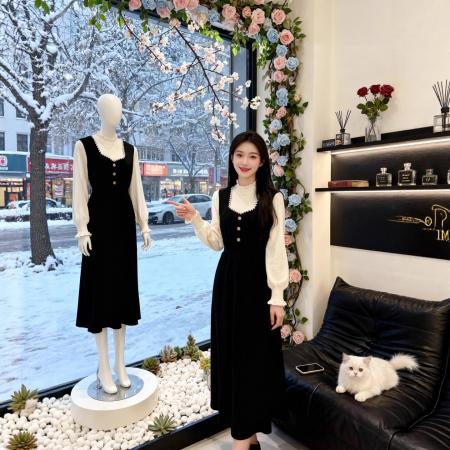 FA51918# 法式复古假两件针织连衣裙女秋冬新款设计感修身显瘦气质长裙 服裝批發女裝批發服飾貨源